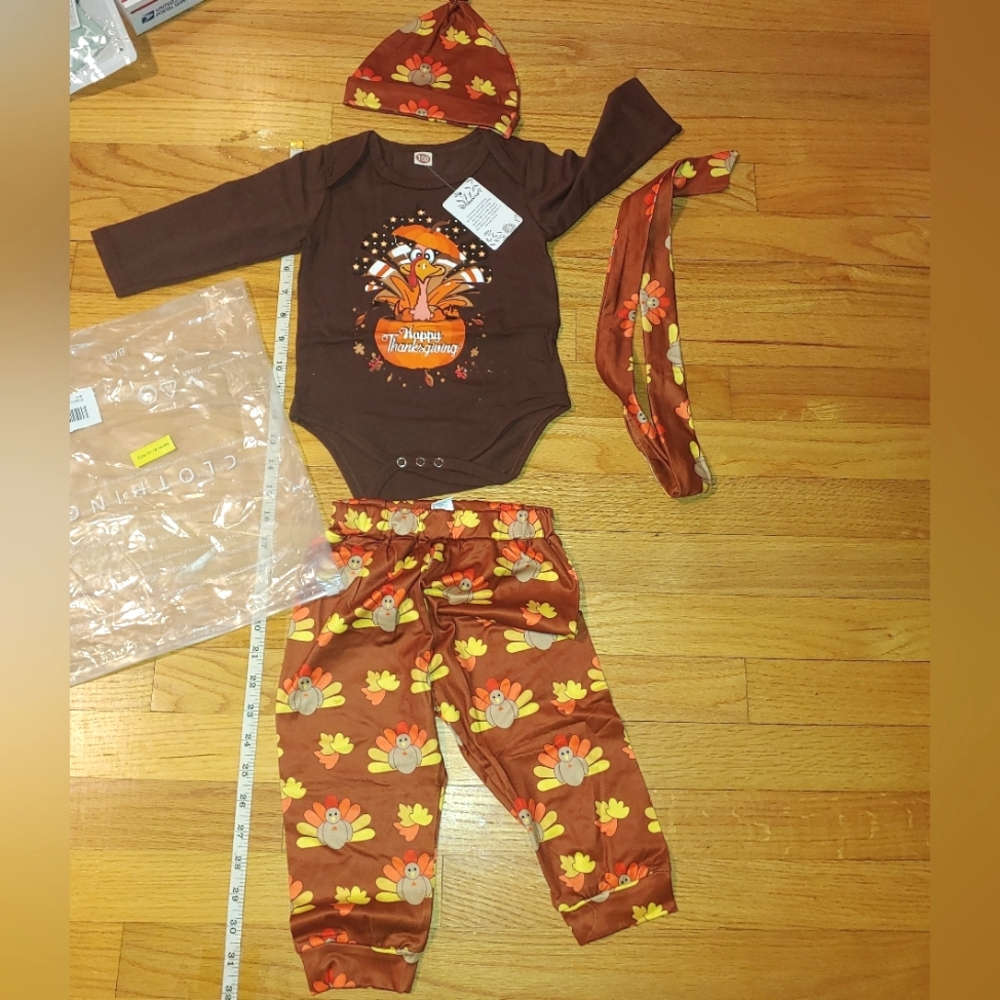 Happy Thanksgiving Turkey Baby Onesie Pants Hat Outfit Set 12-18 Months